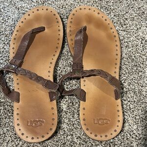 UGG Women's Tan and Brown Braided Leather Thong Sandals